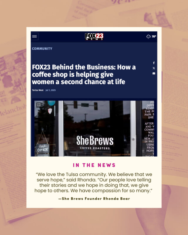 She Brews was a Behind the Business feature on Fox23 this month! Click the link in our bio to read about our mission on fox23.com.⁠
⁠
#CoffeeWithACause #WakeUpDoGood #SheBrewsTransitionProgram #TransitionProgram #SheBrews #BrewingUpPurpose #NonprofitCoffee #Tulsa #Fox23