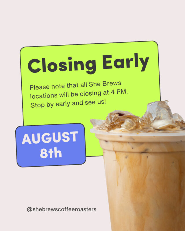 Please note that all She Brews locations will be closing at 4 PM on August 8. Stop by early and see us!⁠
⁠
#CoffeeWithACause #SheBrewsTransitionProgram #TransitionProgram #SheBrews #BrewingUpPurpose #NonprofitCoffee #Tulsa #HavingAParty #BeOurGuest