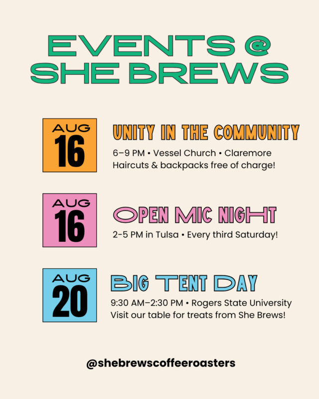 Come and be part of the She Brews community at one of our events this month! If you can't make it to one of our community events, our beautiful shops in Tulsa and Claremore are available to rent for parties, showers, meetings, and more. If you'd like to host an event with us or have us come to you, just reach out with your details via the link in our bio and we'll tailor a plan for your event. We hope to see you soon!⁠
⁠
#CoffeeWithACause #SheBrewsTransitionProgram #TransitionProgram #SheBrews #BrewingUpPurpose #NonprofitCoffee #Tulsa #HavingAParty #BeOurGuest