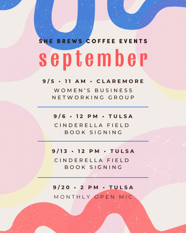 What's happening at She Brews in September!⁠
⁠
Interested in booking one of our spaces for your event? We host meetings, parties, concerts and more! Drop us a message for more info.⁠
⁠
https://shebrews.org/contact-us/⁠
⁠
#CoffeeWithACause #SheBrewsTransitionProgram #TransitionProgram #SheBrews #BrewingUpPurpose #NonprofitCoffee #Tulsa #HavingAParty #BeOurGuest