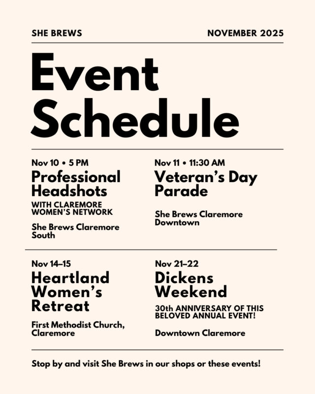 What's happening at She Brews in November, and where you can find us around town this month.⁠
⁠
Interested in booking one of our spaces for your event? We host meetings, parties, concerts and more! Drop us a message for more info.⁠
⁠
#CoffeeWithACause #SheBrewsTransitionProgram #TransitionProgram #SheBrews #BrewingUpPurpose #NonprofitCoffee #Tulsa #HavingAParty #BeOurGuest