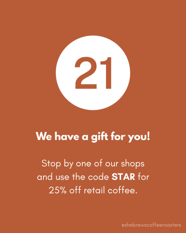 Today, we have a gift for you! Drop by our shops or go online with the code STAR for 25% off retail coffee.⁠
⁠
#TheReasonForTheSeason #SheBrewsTransitionProgram #TransitionProgram #SheBrews #CoffeeWithACause #WakeUpDoGood #BrewingUpPurpose #OnwardAndUpward #TrulyTransformativeCoffee #NonprofitCoffee #Tulsa #Claremore #AdventAction #PrayShareGift