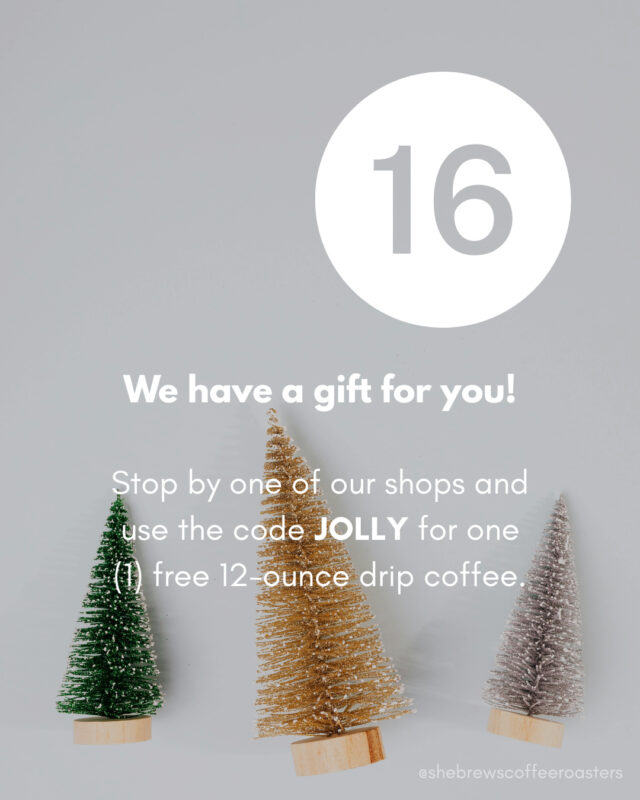 Today, we have a gift for you! Drop by our shops and mention the code JOLLY for one free 12oz drip coffee!⁠
⁠
#TheReasonForTheSeason #SheBrewsTransitionProgram #TransitionProgram #SheBrews #CoffeeWithACause #WakeUpDoGood #BrewingUpPurpose #OnwardAndUpward #TrulyTransformativeCoffee #NonprofitCoffee #Tulsa #Claremore #AdventAction #PrayShareGift