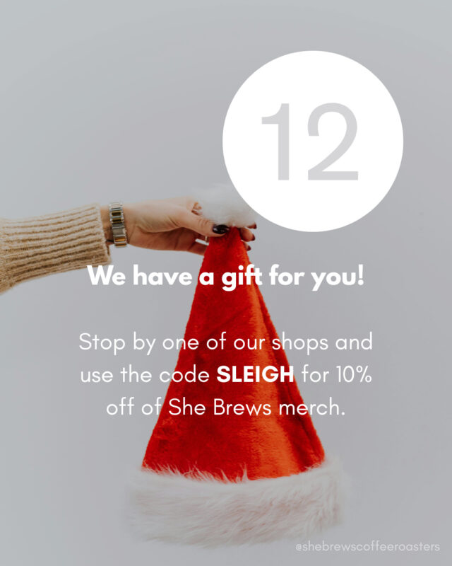 Today, we have a gift for you! Drop by our shops or go online with the code SLEIGH for 10% off of She Brews merch.⁠
⁠
#TheReasonForTheSeason #SheBrewsTransitionProgram #TransitionProgram #SheBrews #CoffeeWithACause #WakeUpDoGood #BrewingUpPurpose #OnwardAndUpward #TrulyTransformativeCoffee #NonprofitCoffee #Tulsa #Claremore #AdventAction #PrayShareGift