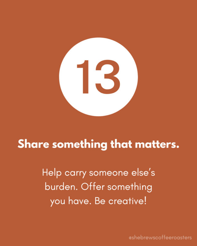 December is here and Christmas is near, so we have prepped an Advent calendar of suggestions to get in the spirit of the season! Today: share something that matters.⁠
⁠
#TheReasonForTheSeason #SheBrewsTransitionProgram #TransitionProgram #SheBrews #CoffeeWithACause #WakeUpDoGood #BrewingUpPurpose #OnwardAndUpward #TrulyTransformativeCoffee #NonprofitCoffee #Tulsa #Claremore #AdventAction #PrayShareGift