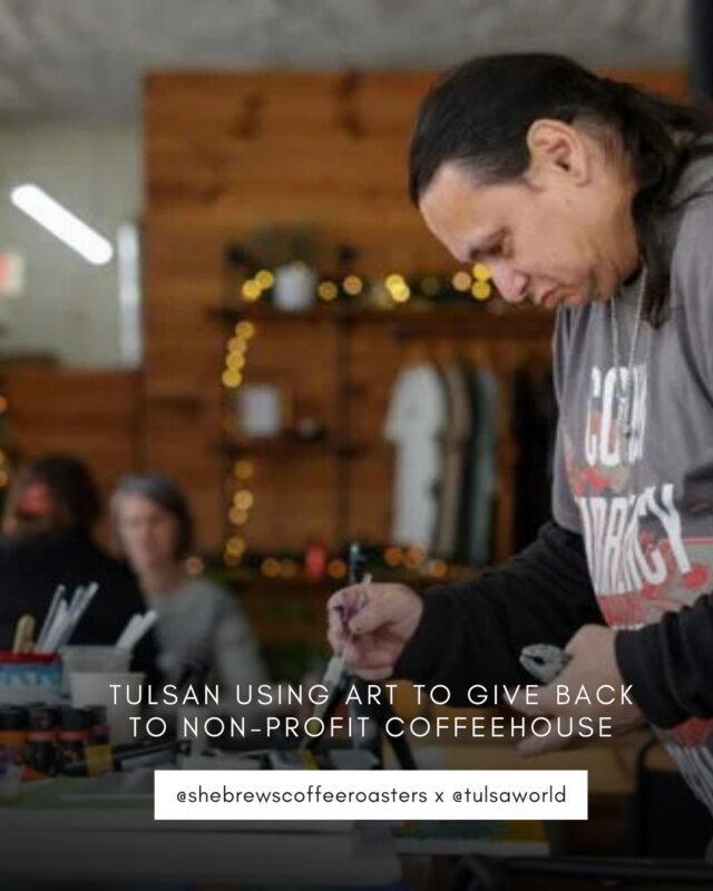 If you've visited She Brews, you've likely seen local painter Michael R. Thomas, who often works in the shop. Check out this lovely piece from @tulsaworld about his work, and how he gives to She Brews!⁠
⁠
#CoffeeWithACause #WakeUpDoGood #SheBrewsTransitionProgram #TransitionProgram #SheBrews #BrewingUpPurpose #NonprofitCoffee #Tulsa #CelebrateThe918 #OklahomaLove