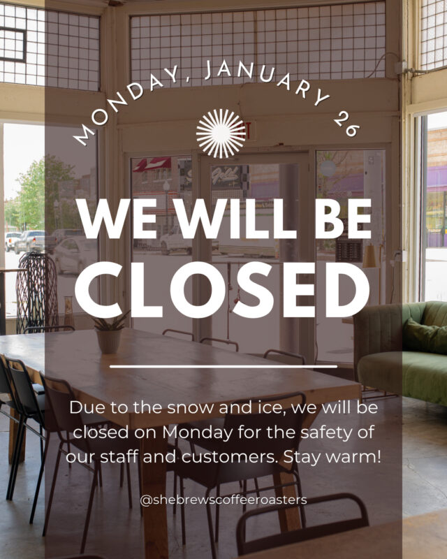 For the safety of our staff and customers, due to icy weather, we will be closed Monday, January 26.⁠
⁠
Stay warm and safe out there!⁠
⁠
#SheBrews #SeasonalSips #WinterWarmers #IceIceBaby #SweaterWeather #MakeMineMocha #MoCoffee #BabyItsColdOutside #TreatYoself #SipTheSeason #BrewingHope #SnowTimeLikeNow #NonprofitCoffee #Tulsa #Claremore