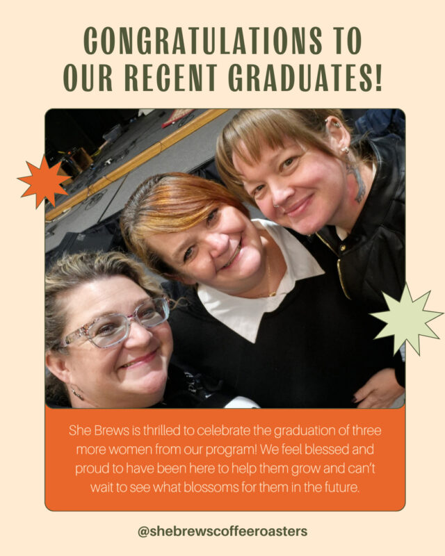 She Brews is thrilled to celebrate the graduation of a new group women from our program! Throughout their tenure here, these women have shown tenacity as they tackled making huge changes in their lives: sobriety, reuniting with family, developing job skills, and more. We feel blessed and proud to have been here to help them grow and can’t wait to see what blossoms for them in the future. We are so proud of your hard work!	⁠
⁠
#CongratsGrad #CoffeeWithACause #SheBrewsTransitionProgram #TransitionProgram #SheBrews #BrewingUpPurpose #OnwardAndUpward #TrulyTransformativeCoffee #NonprofitCoffee #Tulsa