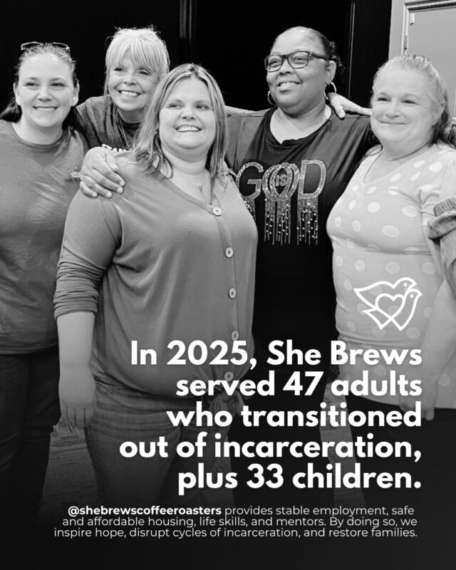 In 2025, She Brews served 47 adults who transitioned out of incarceration, plus 33 children. She Brews Coffee & Transition Program provides stable employment, safe and affordable housing, life skills, and mentors. By doing so, we inspire hope, disrupt cycles of incarceration, and restore families.⁠
⁠
You can support our work in 2026 by making a donation at the link in our bio!⁠
⁠
#CoffeeWithACause #WakeUpDoGood #SheBrewsTransitionProgram #TransitionProgram #SheBrews #BrewingUpPurpose #HelpUsHelpOthers #NonprofitCoffee #Tulsa #Claremore #Oklahoma