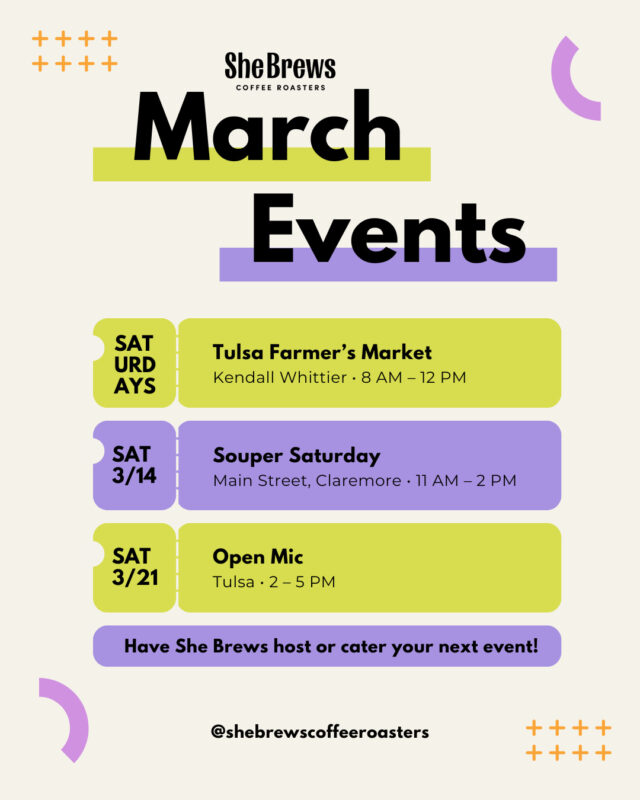 What's happening at She Brews in March!⁠
⁠
Interested in booking one of our spaces for your event? We host and cater meetings, parties, concerts and more! Drop us a message for more info.⁠
⁠
#CoffeeWithACause #SheBrewsTransitionProgram #TransitionProgram #SheBrews #BrewingUpPurpose #NonprofitCoffee #Tulsa #HavingAParty #BeOurGuest