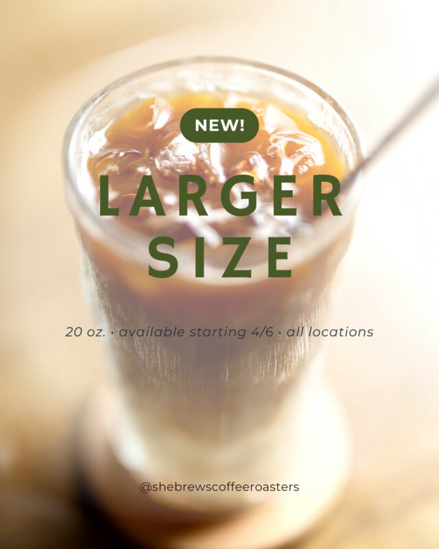 You asked, we answered: starting Monday, April 6th, we will be offering 20 oz options on all our drinks! Hot, iced, and frozen are all available bigger and with more shots. Visit any of our locations and go bigger—and with more coffee!⁠
⁠
#SheBrews #IceIceBaby #MakeMineMatcha #SpringSips #MoCoffee #BiggerAndBetter #TreatYoself #MoreBounceToTheOunce #BrewingHope  #NonprofitCoffee #Tulsa #Claremore