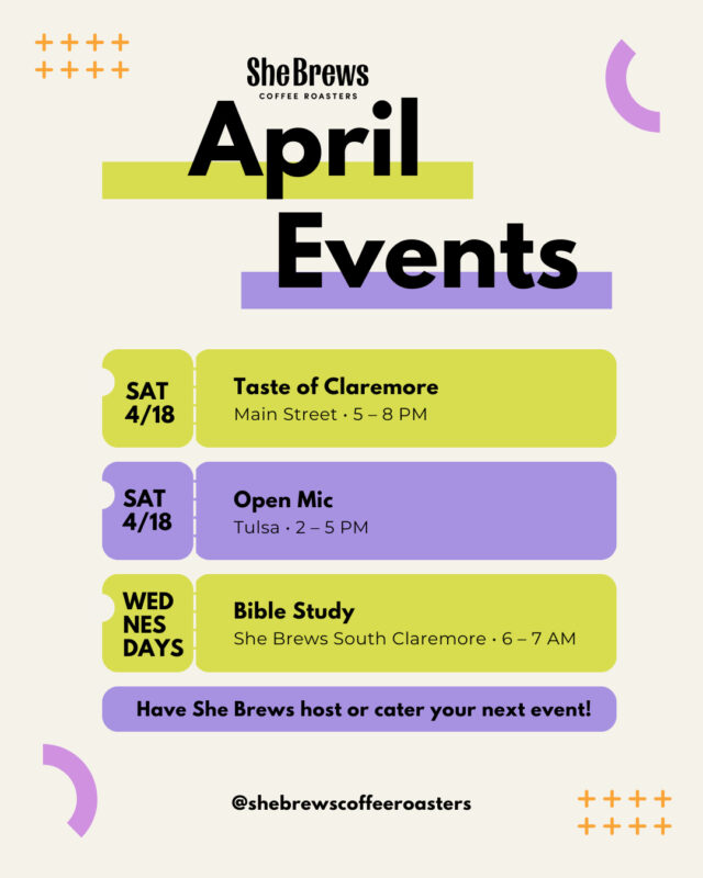 What's happening at She Brews in April!⁠
⁠
Interested in booking one of our spaces for your event? We host and cater meetings, parties, concerts and more! Drop us a message for more info.⁠
⁠
#CoffeeWithACause #SheBrewsTransitionProgram #TransitionProgram #SheBrews #BrewingUpPurpose #NonprofitCoffee #Tulsa #HavingAParty #BeOurGuest