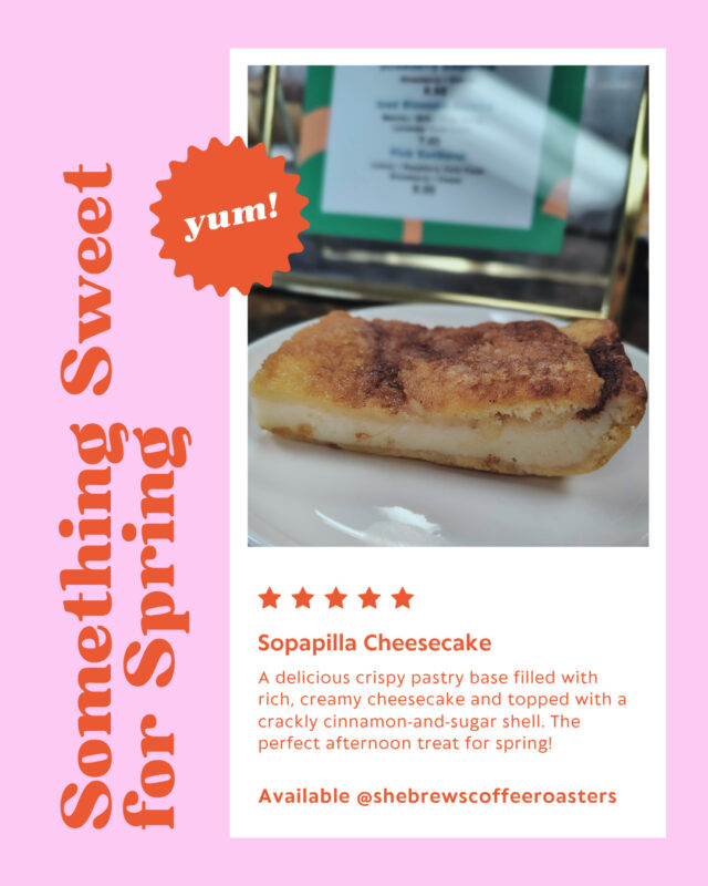 A delicious crispy pastry base filled with rich, creamy cheesecake and topped with a crackly cinnamon-and-sugar shell. The perfect afternoon treat for spring, available now at your local She Brews!⁠
⁠
#SheBrews #FreshFlavors #CoffeeandPastry #SopapillaPower #CheesecakeForever #TreatYoself #SecondBreakfast #BrewingHope  #NonprofitCoffee #Tulsa