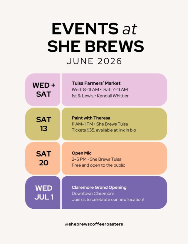 What’s happening at She Brews in June!

Grab your tickets to the painting event at the link below/in our bio:

https://paintpartybyteresa.ticketspice.com/she-brews-tulsa-wildflower-wishes

Interested in booking one of our spaces for your event? We host and cater meetings, parties, concerts and more! Drop us a message for more info.

#CoffeeWithACause #SheBrewsTransitionProgram #NonprofitCoffee #Tulsa BeOurGuest