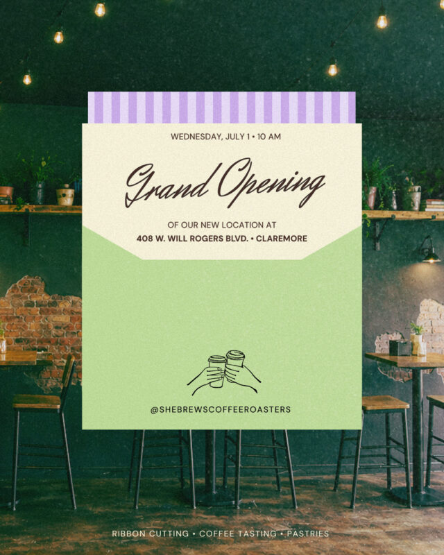 Join us this Wednesday, July 1 at 10 AM for the grand opening of our new Claremore location at 408 W. Will Rogers Blvd. Stop by and grab a pastry for just $2 with the purchase of any specialty drink, and check out our new, larger space!⁠
⁠
#SheBrews #GrandOpening #NonprofitCoffee #TreatYoself #Claremore