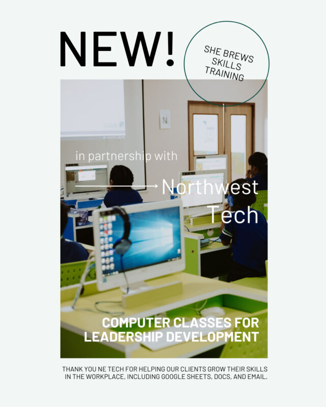 She Brews is now offering computer classes for leadership development in partnership with Northeast Tech. Thank you @northeast_tech for helping our clients to grow their skills in the workplace, including Google Sheets, Docs, and email.⁠
⁠
#CoffeeWithACause #SheBrewsTransitionProgram #BrewingUpPurpose #NonprofitCoffee #OnwardAndUpward