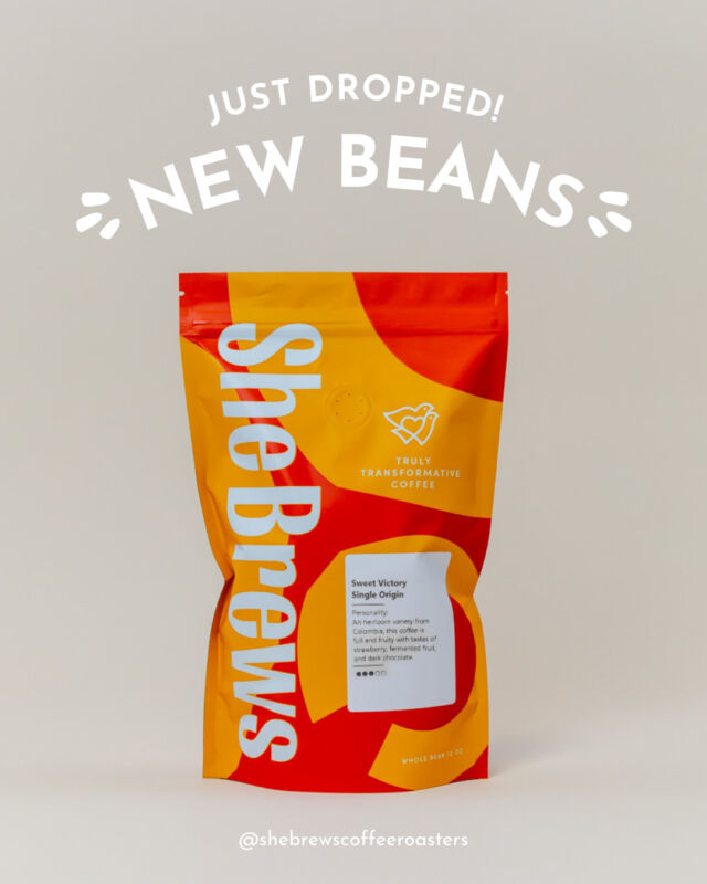 Introducing our newest bean: Sweet Victory! A single origin Colombian heirloom coffee, this is a medium roast with a full, fruity profile. It has delightful notes of strawberry, fermented fruit, and dark chocolate. Drop by one our shops to pick up a bag, or click the link in our bio to order online.	⁠
⁠
#CoffeeWithACause #SheBrewsTransitionProgram #BrewingUpPurpose #NonprofitCoffee #NewBeans