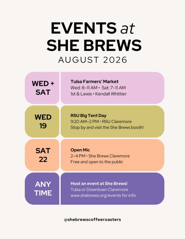 What's happening at She Brews in August!⁠
⁠
Interested in booking one of our spaces for your event? We host and cater meetings, parties, concerts and more! Drop us a message for more info or click the link in our bio.⁠
⁠
#CoffeeWithACause #SheBrews #BrewingUpPurpose #NonprofitCoffee #BeOurGuest