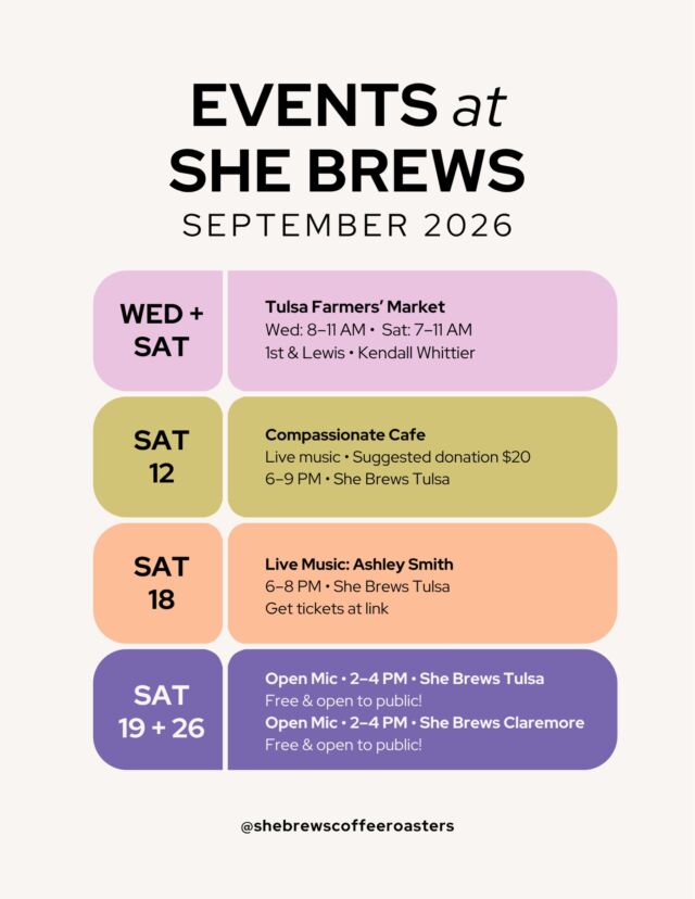 What's happening at She Brews in September! Grab your tickets to see Ashley Smith (all ticket donations go to She Brews!) at the link in our bio.⁠
⁠
Interested in booking one of our spaces for your event? We host and cater meetings, parties, concerts and more! Drop us a message for more info.⁠
⁠
#CoffeeWithACause #SheBrews #BrewingUpPurpose #NonprofitCoffee #BeOurGuest