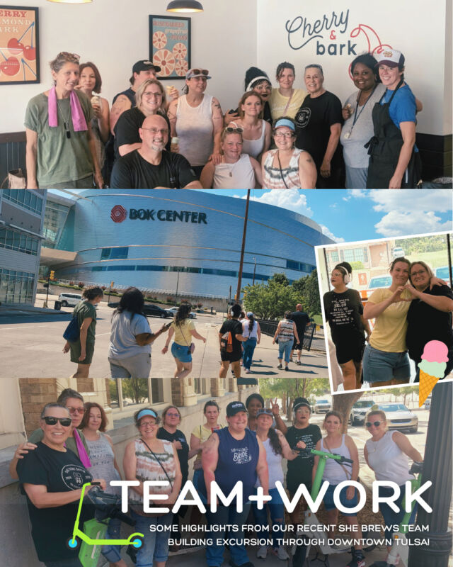 Some scenes from our first team-building event for our staff: it began with a short but very fun scooter ride through downtown Tulsa, followed by some sight-seeing on foot, and finished up with some delicious ice cream from @cherryandbark. A lovely time was had by all, and we look forward to future team building experiences!⁠
⁠
#CoffeeWithACause #SheBrewsTransitionProgram #BrewingUpPurpose #NonprofitCoffee #OnwardAndUpward