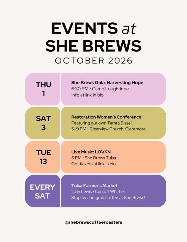 What's happening at She Brews in October!⁠
⁠
Interested in booking one of our spaces for your event? We host and cater meetings, parties, concerts and more! Drop us a message for more info.⁠
⁠
#CoffeeWithACause #SheBrews #BrewingUpPurpose #NonprofitCoffee #BeOurGuest