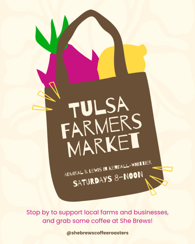 The Tulsa Farmer's Market is still going strong! The Kendall Whittier Farmer's Market is a Tulsa staple, even in the fall, with dozens of vendors selling every delicious thing you can imagine. She Brews is right in the center of it all, so stop by and grab a cup of coffee before you pick up some delightful locally-grown food for dinner!⁠
⁠
#CoffeeWithACause #SheBrewsTransitionProgram #NonprofitCoffee #KendallWhittier #FarmersMarketSaturday